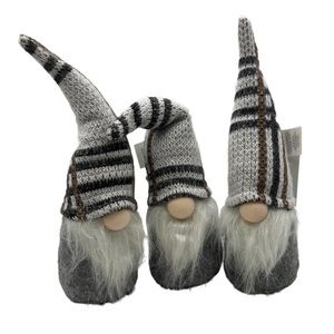 Festive Living Set of 3 Small Fabric Gnomes Grey Striped Hats